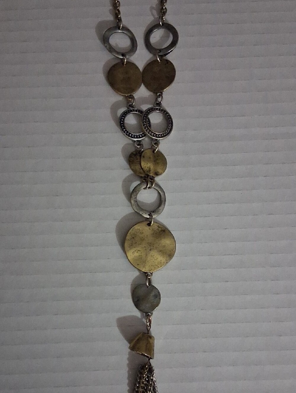 Ruby Rd. Two-Tone Hammered Disc Tassel Pendant Necklace Long Boho Statement